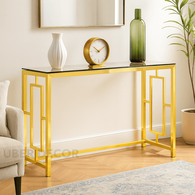 Auric Frame Mid-Century Modern Console Table – Clear Glass Top with Geometric Gold Base for Entryway or Living Room