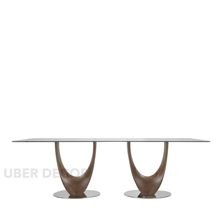 Vireon Rectangular Dining Table Contemporary Architectural Design Glass Top Solid Wood Base Made to Order Dining Table for Dining Room
