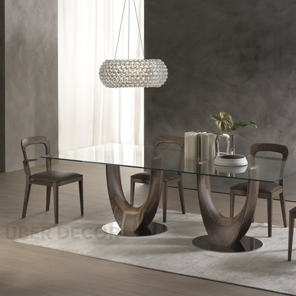 Vireon Rectangular Dining Table Contemporary Architectural Design Glass Top Solid Wood Base Made to Order Dining Table for Dining Room
