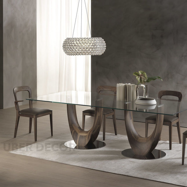 Vireon Rectangular Dining Table Contemporary Architectural Design Glass Top Solid Wood Base Made to Order Dining Table for Dining Room
