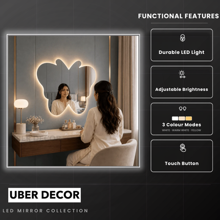 Delphine Butterfly Frameless Wall Hanging LED Mirror – Front Lit or Back Lit Statement Mirror for Bathroom & Vanity