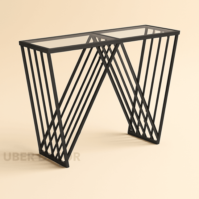 Veyron Edge Console Table – Glass Top with Sculptural W Metal Base Modern Entryway Accent