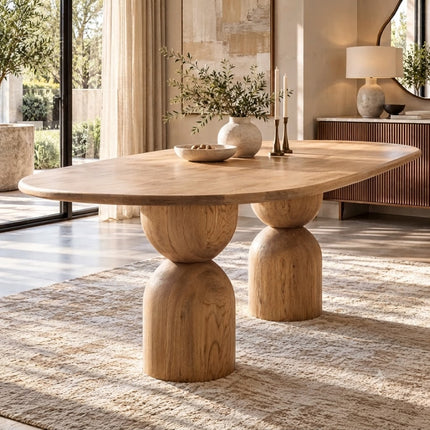 Avelor Oval Dining Table Natural Oak Finish Sculptural Double Pedestal Ready to Ship Modern Dining Table for Dining Room