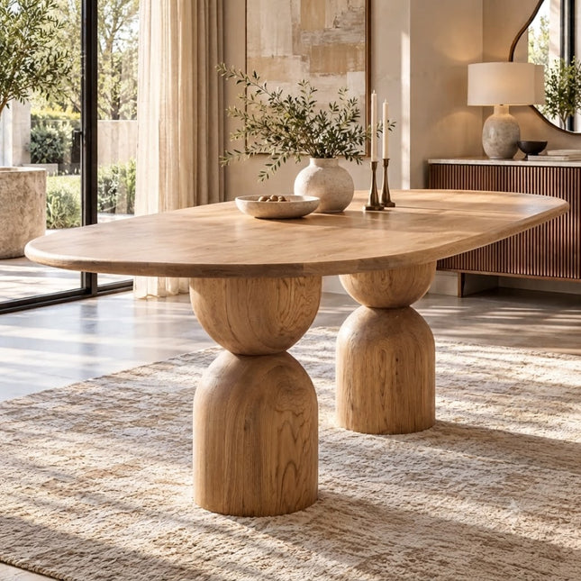 Avelor Oval Dining Table Natural Oak Finish Sculptural Double Pedestal Ready to Ship Modern Dining Table for Dining Room