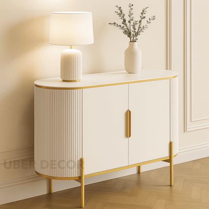 Aria Elegance Side or Console Table – Custom Black or White Marble Top with Fluted White Cabinet Mid‑Century Glam Accent