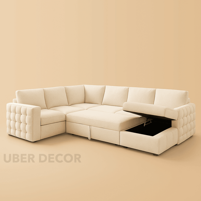 Florence Sectional Sleeper Sofa- 6 Seater Convertible Sofa with Pull-Out Bed with Storage for Living Room and Guest Bedroom