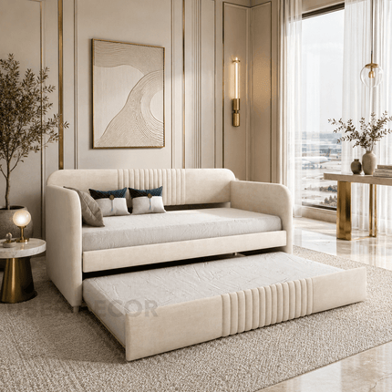 Merida fluted sofa bed – close-up of ribbed fluted panel design on backrest