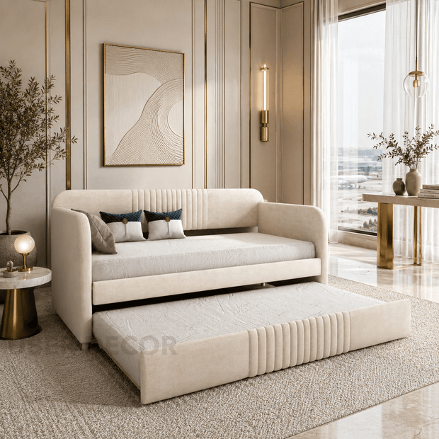 Merida fluted sofa bed – close-up of ribbed fluted panel design on backrest