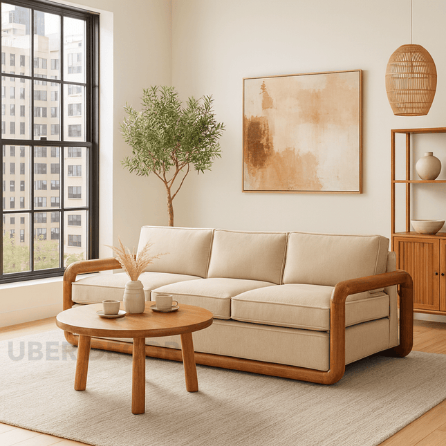 Roswell 3-Seater Modern Wooden Sofa Sculptural Minimalist Couch for Living Room