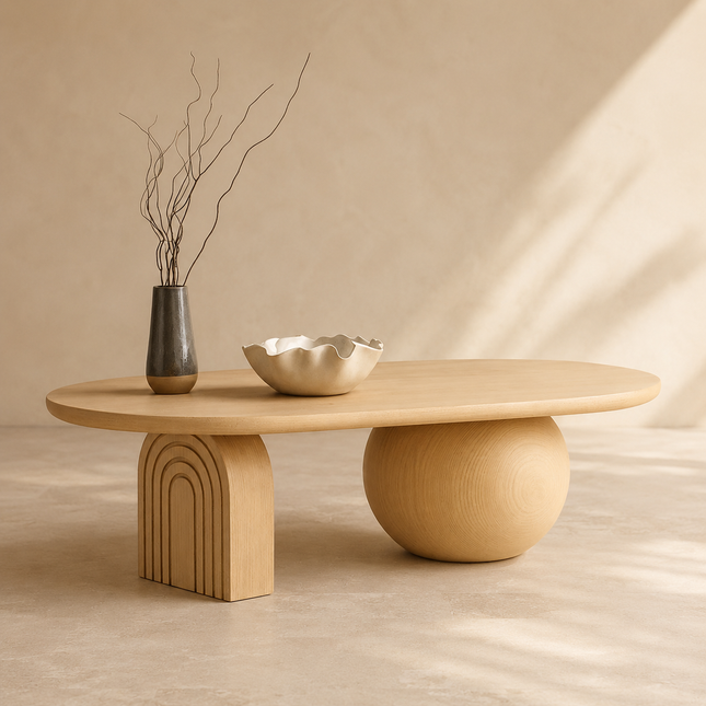 Magdalena Wabi-Sabi Sculptural Japandi Coffee Table – Organic Round Wooden Top Sphere & Arched Block Legs for Living Room