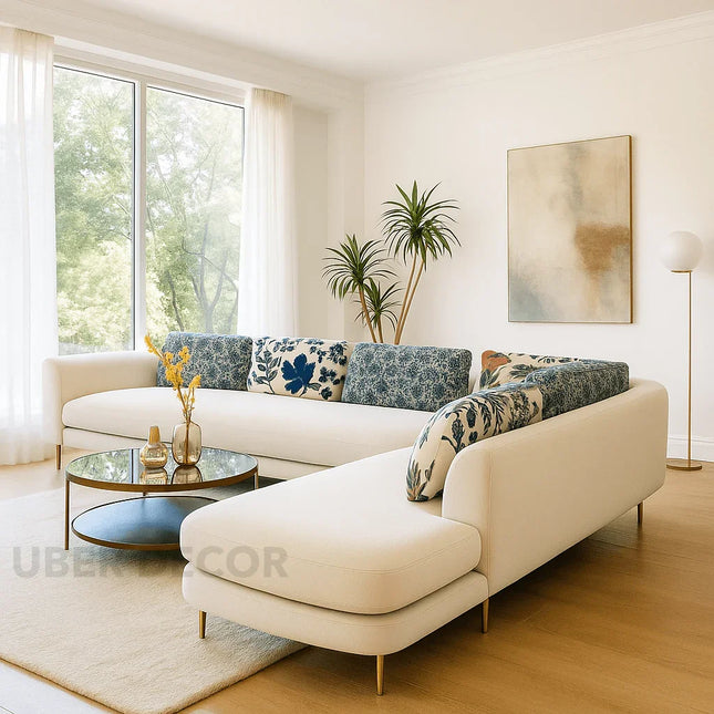 Preston 6 Seater Contemporary L Shaped Sofa with Floral Backrest and Lounger for Living Room