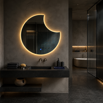 Crescent Moon LED mirror- 3-colour Backlit or front-lit Touch Button LED Frameless Bathroom Vanity Mirror