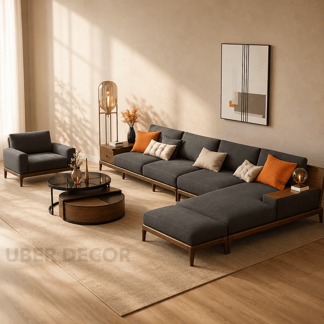 Monaco Japandi Modern Sectional Sofa Couch with Lounger for Living Room & Lounges