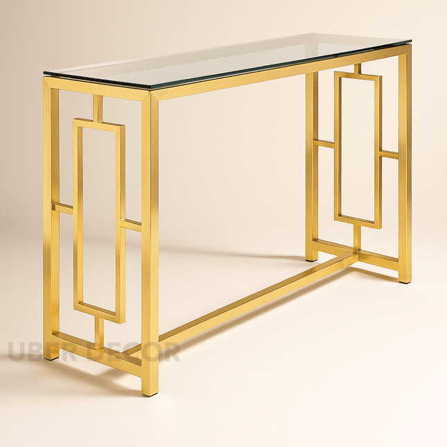 Auric Frame Mid-Century Modern Console Table – Clear Glass Top with Geometric Gold Base for Entryway or Living Room