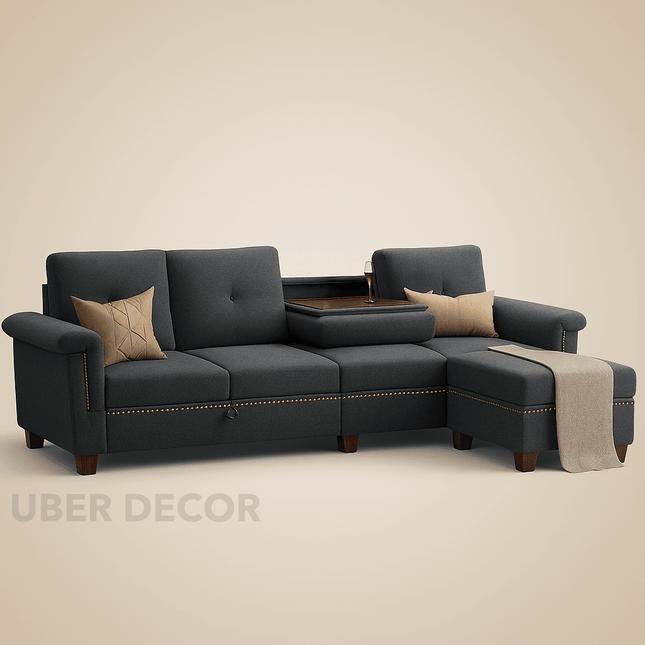 Lima Sectional Sofa- L-Shaped 4 Seater Convertible Couch with Storage Chaise- Reversible Sectional Couch with Cup Holders & Table