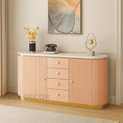 Celeste Grace Side or Console Table – Custom Marble Top with Fluted Cabinet & Metallic Trim Mid‑Century Modern Accent