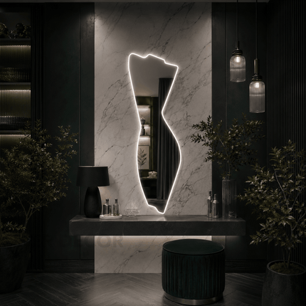 Silka Abstract Frameless LED Wall Hanging Mirror with Front or Back Lit for Bathroom Vanity and Modern Interiors