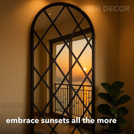 BevelCrest- Decorative French Country Window Grid Style Full Length Arched Wall Mirror for Living Room