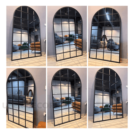 GloryArch- Arched Grid Full Length Window Style Metal Framed Mirror for Living Room, Bedroom, Clothing Boutique or Outdoor