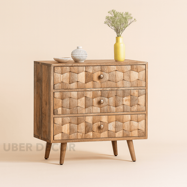 Hexa Form Mid Century Modern Solid Wood Chest of Drawers Geometric 3D Carved Fronts Ideal for Bedroom, Living Room & Entryway