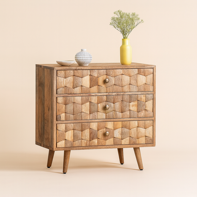 Hexa Form Mid Century Modern Solid Wood Chest of Drawers Geometric 3D Carved Fronts Ideal for Bedroom, Living Room & Entryway
