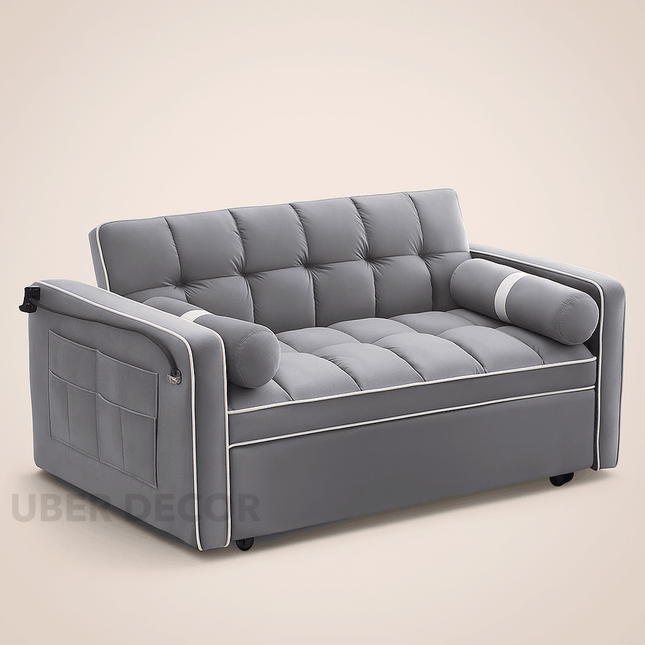 Zurich 55" Sleeper Sofa- 3-in-1 Loveseat Sleeper Sofa Cum Bed with Mobile Holder and Side Pockets
