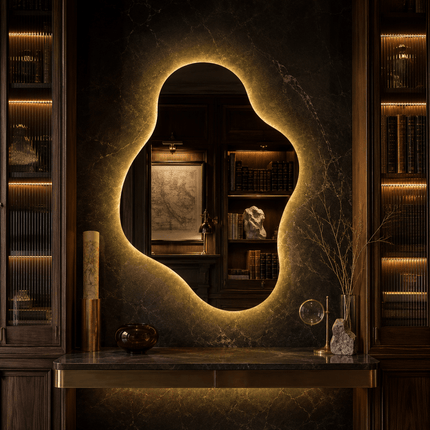 Contour Freeform Frameless LED Wall Mirror Front or Back Lit for Vanity Bedroom and Modern Interiors