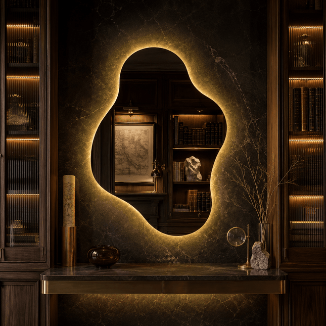 Contour Freeform Frameless LED Wall Mirror Front or Back Lit for Vanity Bedroom and Modern Interiors