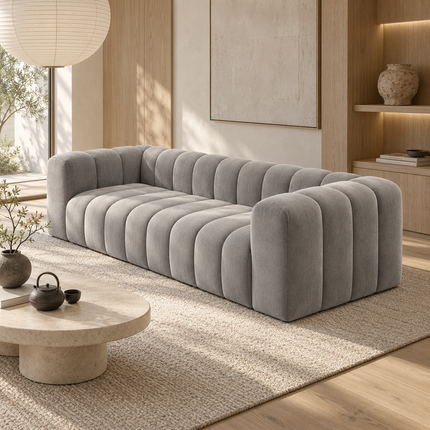 Mendoza Modern Channel-Tufted Sofa – Ready to Ship Grey Premium Suede Velvet Couch for Living Room