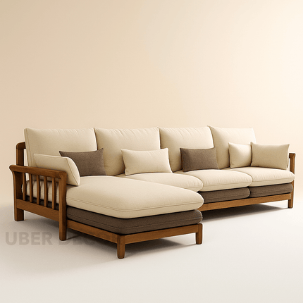 Duncan 4-Seater Japandi Style Wooden Frame L Shaped Sofa with Lounger for Living Room
