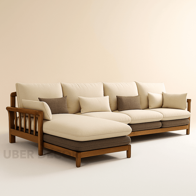 Duncan 4-Seater Japandi Style Wooden Frame L Shaped Sofa with Lounger for Living Room