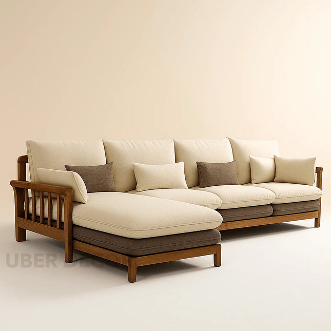 Duncan 5 Seater Japandi Style Wooden Frame L Shaped Sofa with Lounger for Living Room