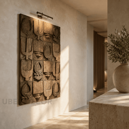 Ancestral Grid Afro Modern Wood Wall Art – Symbol Relief Sculpture