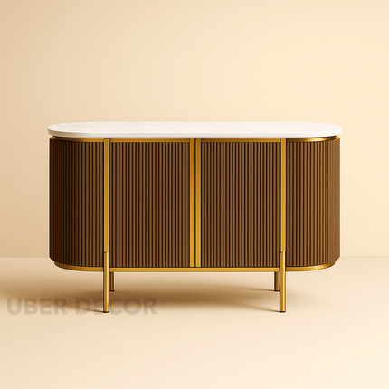 Odessa Entryway Table – Wood Cabinet with Gold Frame & Ribbed Doors Mid‑Century Modern Accent