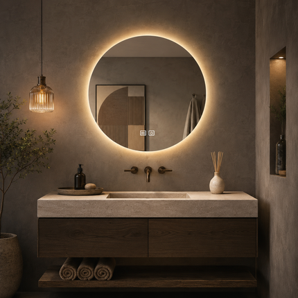 Swirlora Artistic Round Shaped Frameless Front or Backlit Mirror with LED Lights- Touch Sensor Mirror for Bathroom and Bedroom