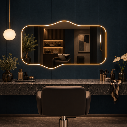 Calix Frameless Wavy LED Mirror with Front or Back Lit for Dressing Area and Modern Interiors