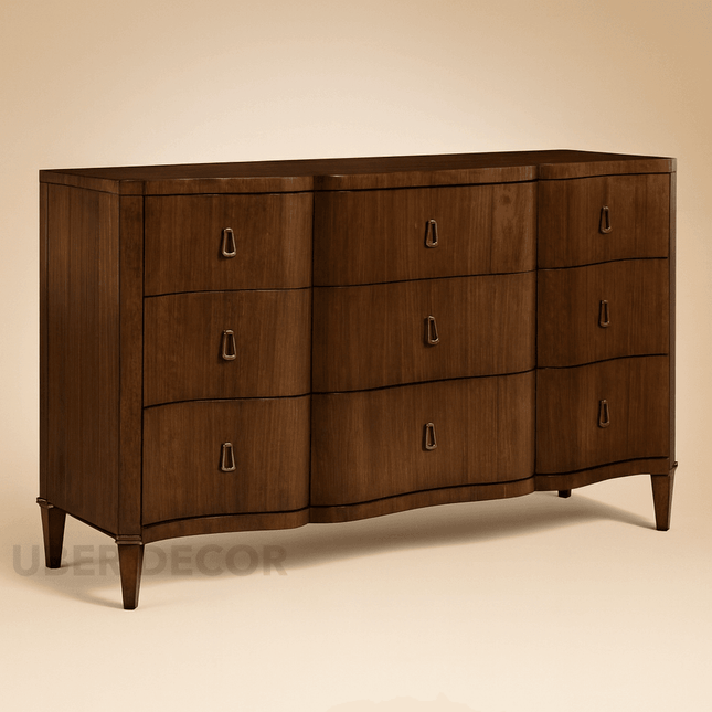 Lusanne Curved Front 9-Drawer Mid-Century Modern American Walnut Cabinet for Living Room, Bedroom & Entryway