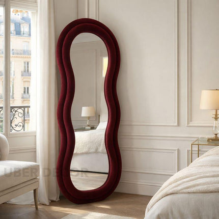 Velvet Wave Irregular Wall Mirror - Upholstered Suede Velvet Frame, Asymmetric Full-Length Body Mirror for Modern Home Decor