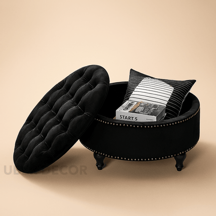 VelvetTuft- Tufted Velvet Plushy Round Storage Ottoman - Upholstered with Button Tufting & Removable Lid, Wood Legs - Uber Decor
