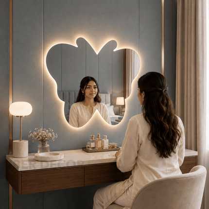 Delphine Butterfly Frameless Wall Hanging LED Mirror – Front Lit or Back Lit Statement Mirror for Bathroom & Vanity