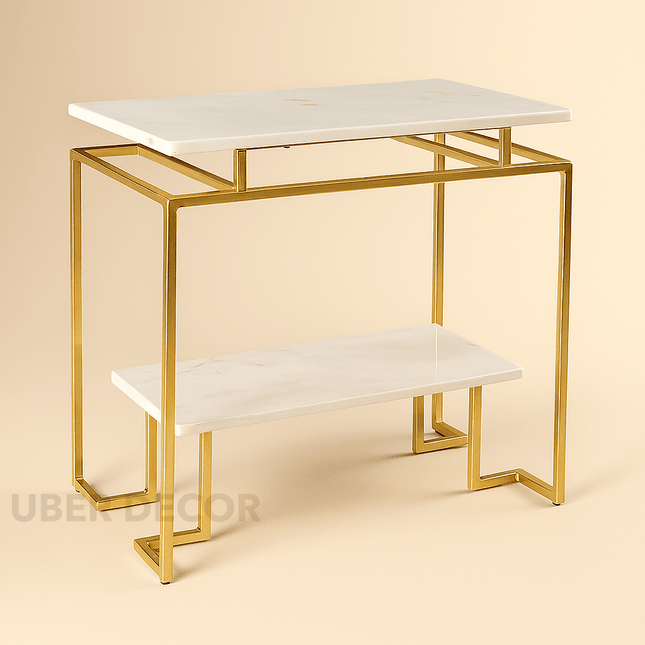 Avessa Luxe Tiered Console Table – Modern Minimalist White Marble Console with Gold Frame for Hallway or Living Room Decor