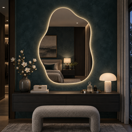 Cove Frameless Pebble LED Mirror with Front or Back Lit for Modern Vanity Spaces