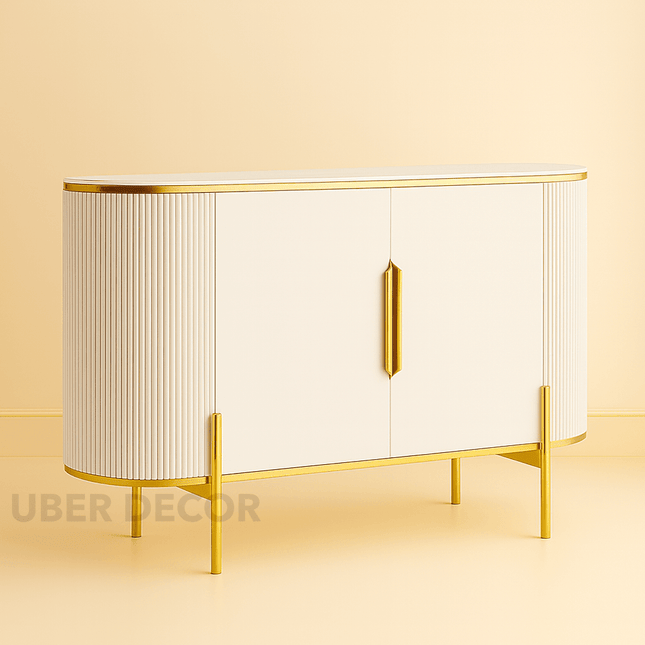 Aria Elegance Side or Console Table – Custom Black or White Marble Top with Fluted White Cabinet Mid‑Century Glam Accent