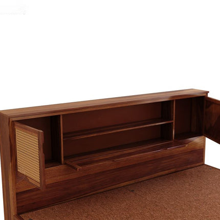 CaneHaven Japandi Wabi-Sabi Rattan Panel Platform Bed – Customisable Wooden Bed for Modern Indian Homes