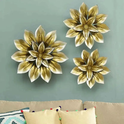 Golden 3D Metallic Flowers Metal Hanging Metal Wall Art - Set of 3