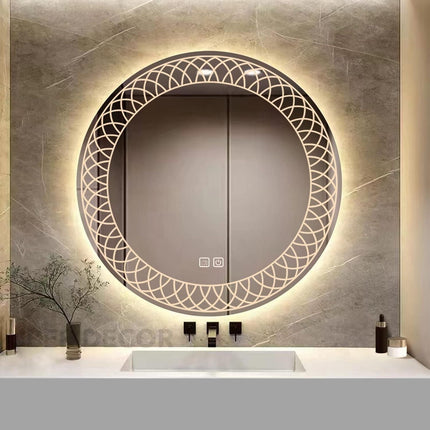 Mandala Round Mirror with LED Lights- Touch Sensor Mirror for Bathroom and Bedroom