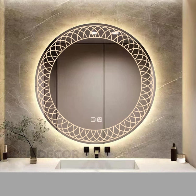 Mandala Round Mirror with LED Lights- Touch Sensor Mirror for Bathroom and Bedroom