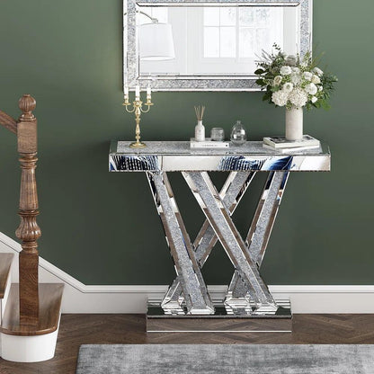 Prism Elegance- W shaped Modern Luxury Designer Diamond Glass Mirrored Console Table