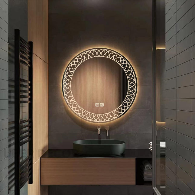 Mandala Round Mirror with LED Lights- Touch Sensor Mirror for Bathroom and Bedroom