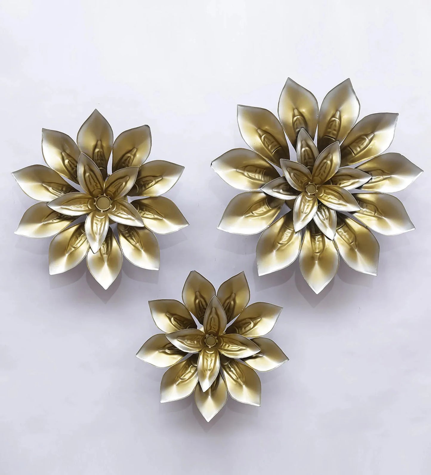 Golden 3D Metallic Flowers Metal Hanging Metal Wall Art - Set of 3